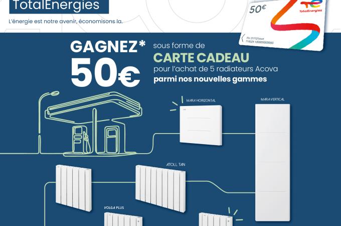 Présentation de l'offre carte cadeau 50 € pour l'achat de 5 radiateurs Atoll Tan, Volga Plus ou Mara