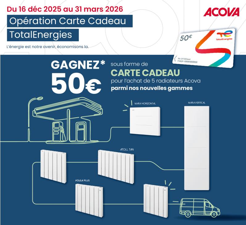 Présentation de l'offre carte cadeau 50 € pour l'achat de 5 radiateurs Atoll Tan, Volga Plus ou Mara