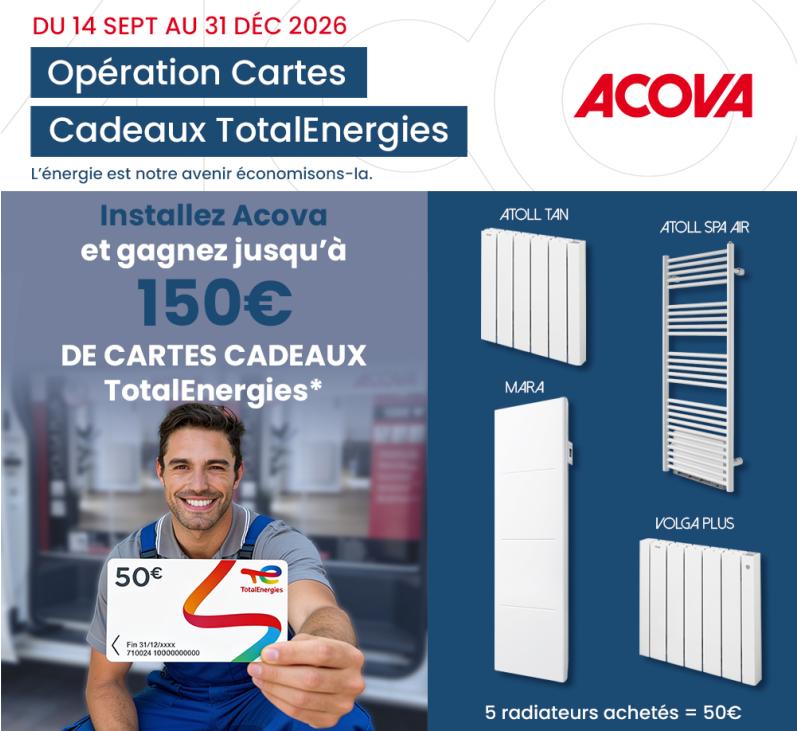 Présentation de l'offre carte cadeau 50 € pour l'achat de 5 radiateurs Atoll spa air, Atoll Tan, Volga Plus ou Mara