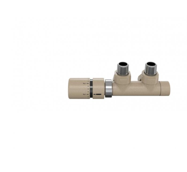 Robinetterie thermostatisable H coudé 1/2'', tête man. gauche - Kit Q couleur | 991609-841279_Robinetterie en H équerre-Tête TH_Tête à gauche_Kit Q_Beige Quartz_0523_Vue face.jpg